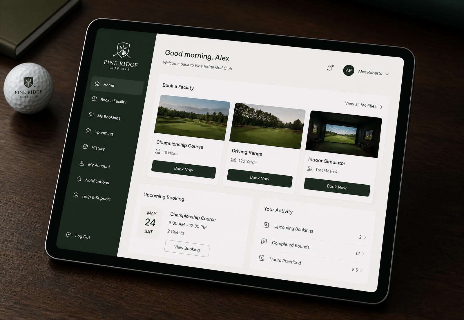 Preview of a golf facility operations dashboard interface